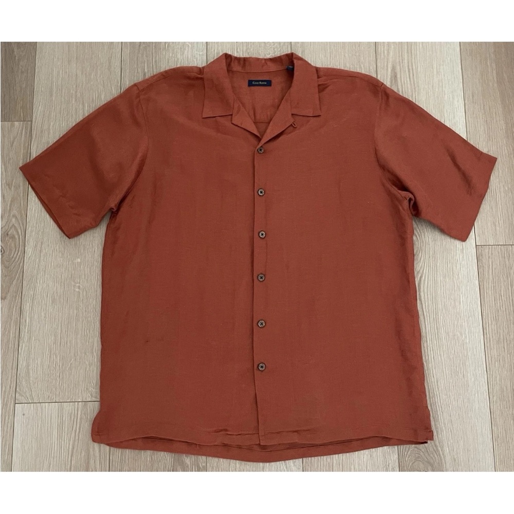 Club Room Hawaiian Mens Linen/Rayon Shirt Large Palms Button Down Short Sleeve